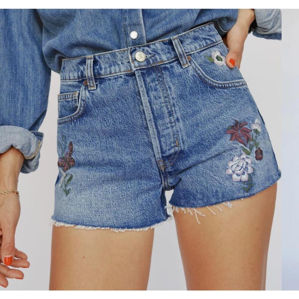 Reformation Charlie High Rise Embroidered Denim Cutoff Shorts Floral raw hem 25